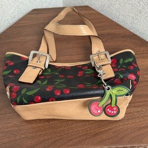 XOXO Vintage Cherry Print Shoulder Bag with Tan Trim